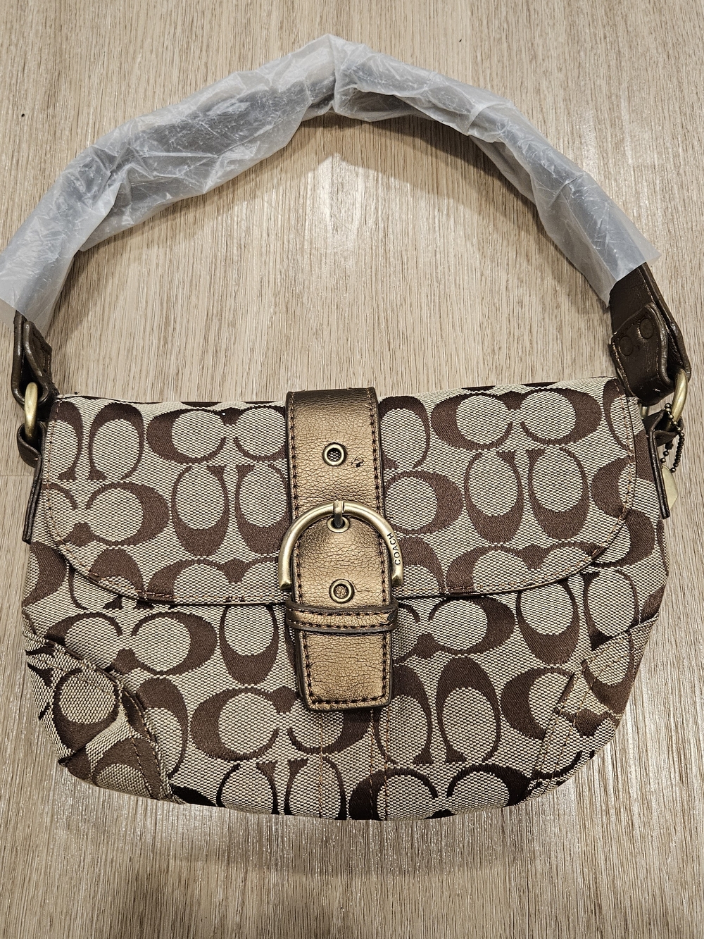 Coach Brown Signature Canvas Shoulder Bag with Gold Accent